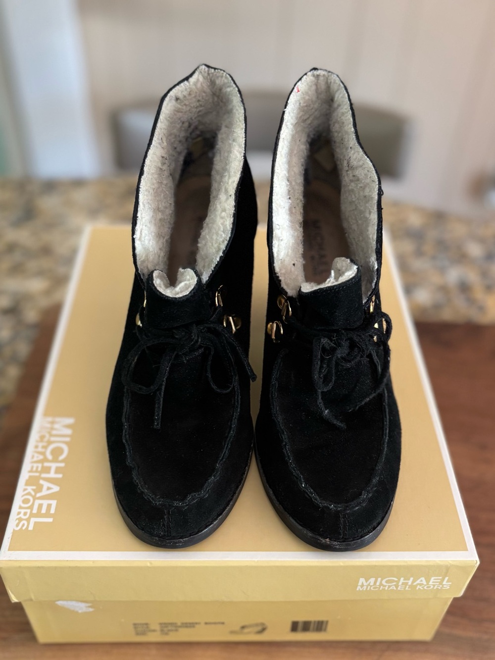 Michael Kors Black Suede Shearling-Lined Lace-Up Ankle Boots